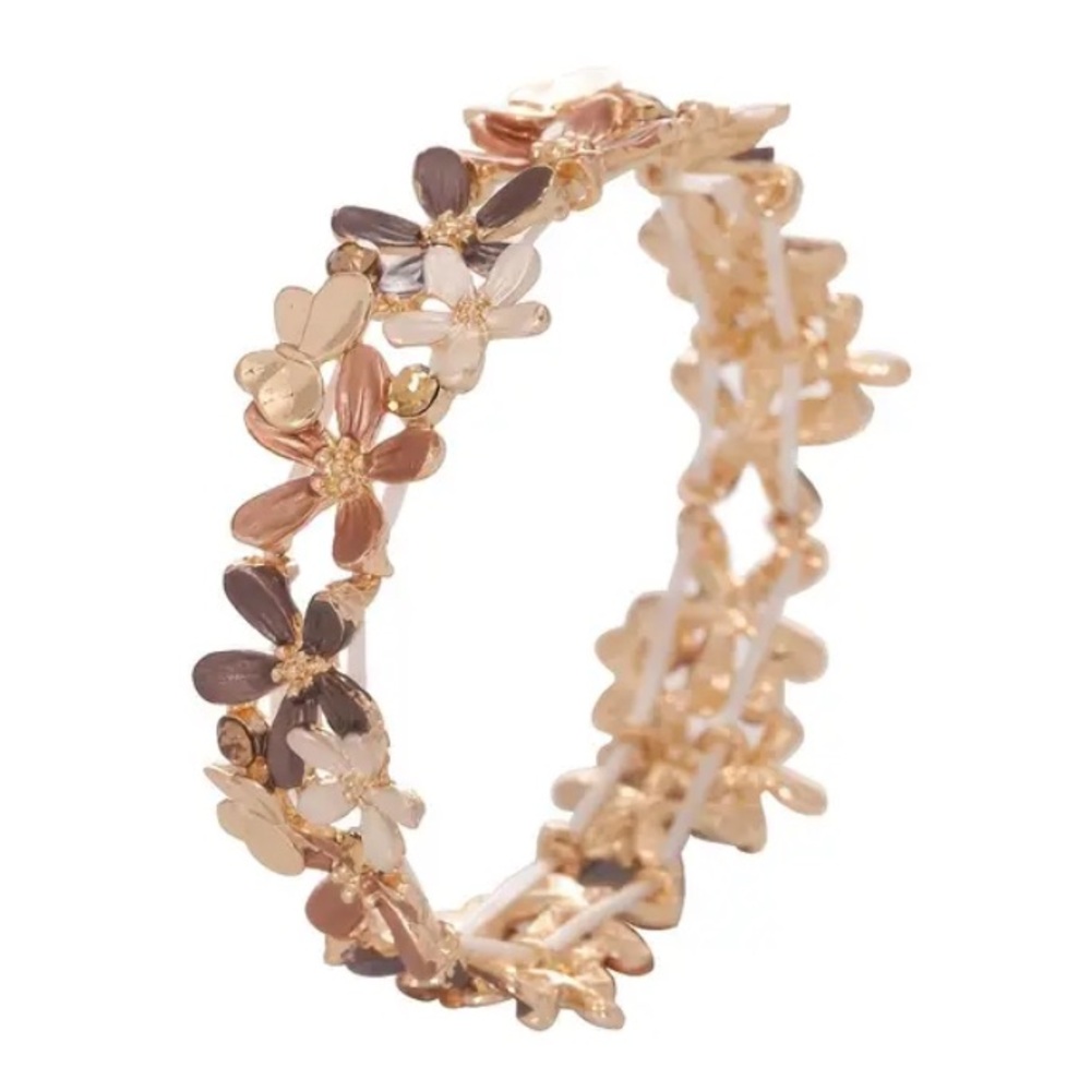 Brown Neutral Flower Crystal Butterfly Gold Toned Stretch Bracelet - Picture 2 of 5